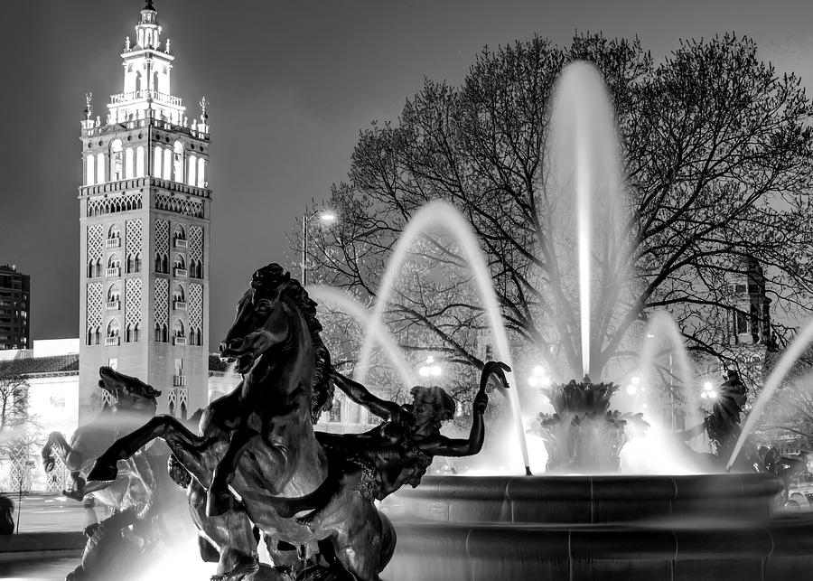 Kansas City Plaza and JC Nichols Fountain in Black and White Monochrome Photograph by Gregory Ballos