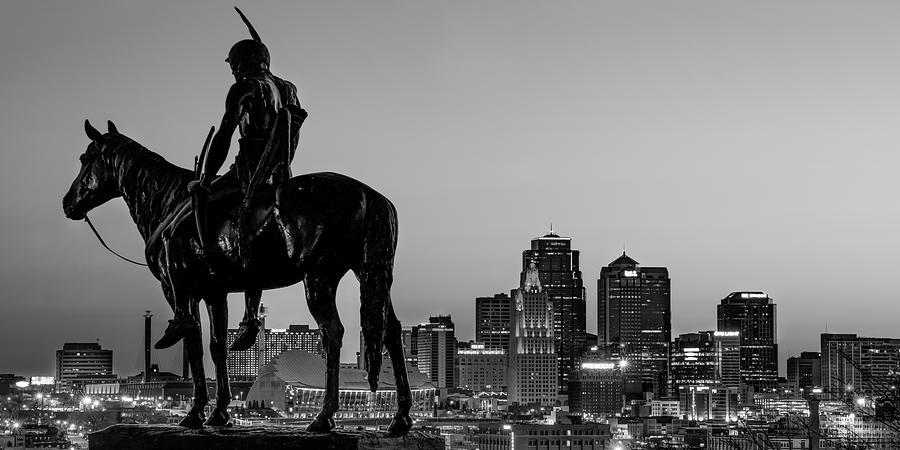 Black And White Photograph - Kansas City Scout and Skyline Dawn Panorama Black and White by Gregory Ballos