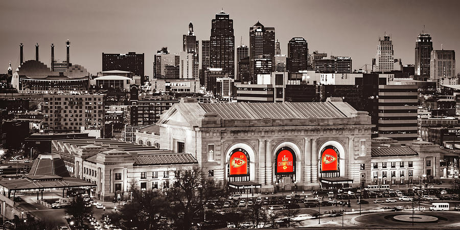 Kansas City Sepia Selective Color Panorama With Championship Banners Panorama Photograph by Gregory Ballos