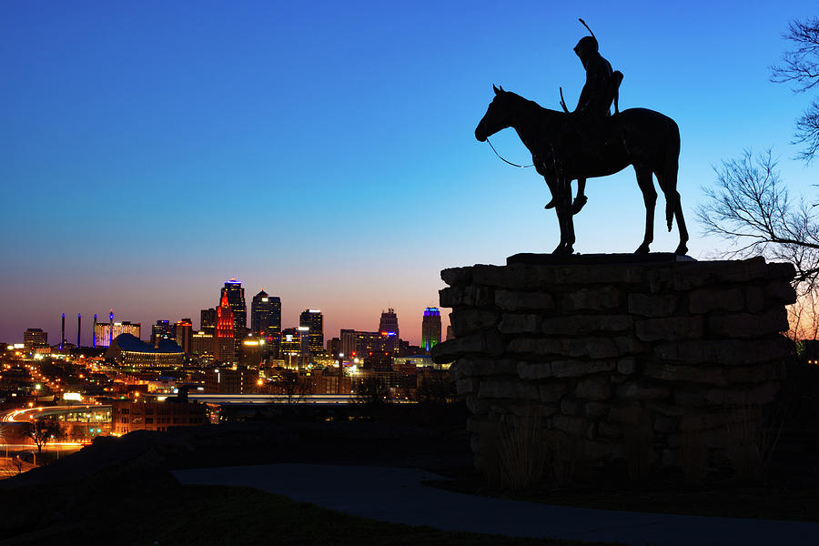 Kansas City Skyline And The Scout Silhouette Photograph