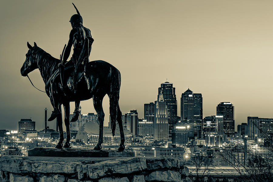 Kansas City Skyline and The Scout Statue - Sepia Edition Photograph by Gregory Ballos