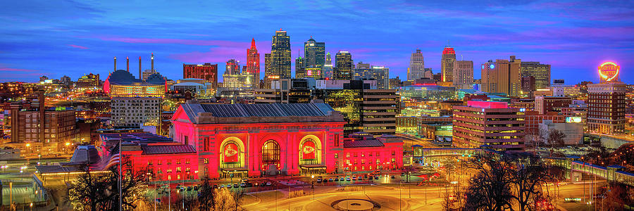 Kansas City Skyline DUSK KC Chiefs Union Station Red Panoramic Photograph by Jon Holiday