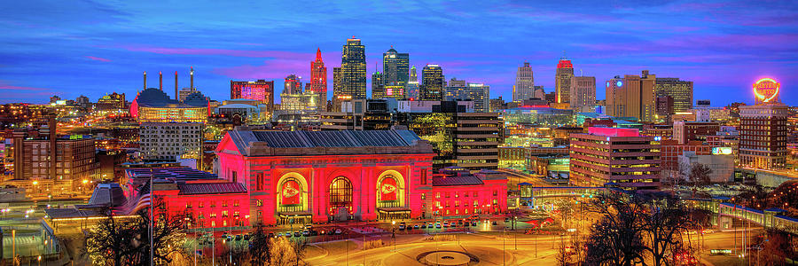 Kansas City Skyline DUSK KC Union Station Chiefs Red Panoramic by Jon Holiday Kansas City Skyline DUSK KC Union Station Chiefs Red Panoramic by Jon Holiday