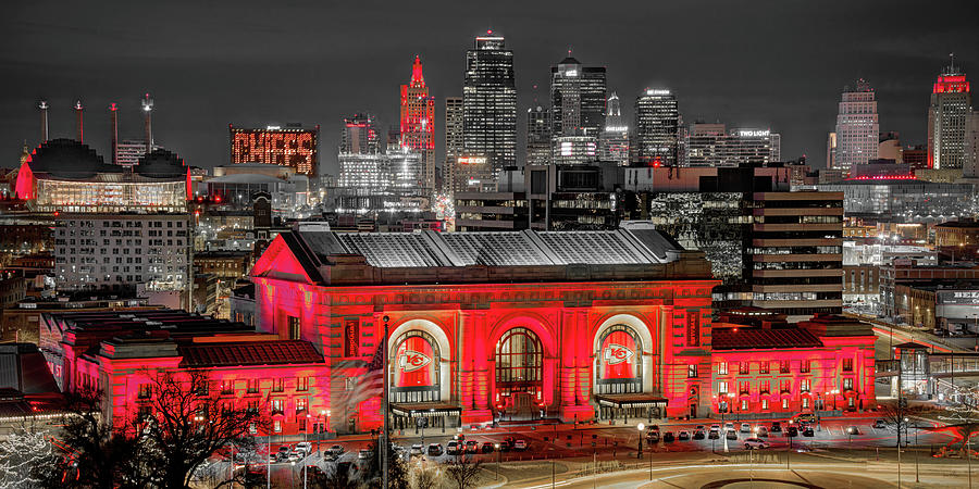 Kansas City Skyline Night Artistic Kc Chiefs Union Station Red Chiefskingdom Panoramic Photograph