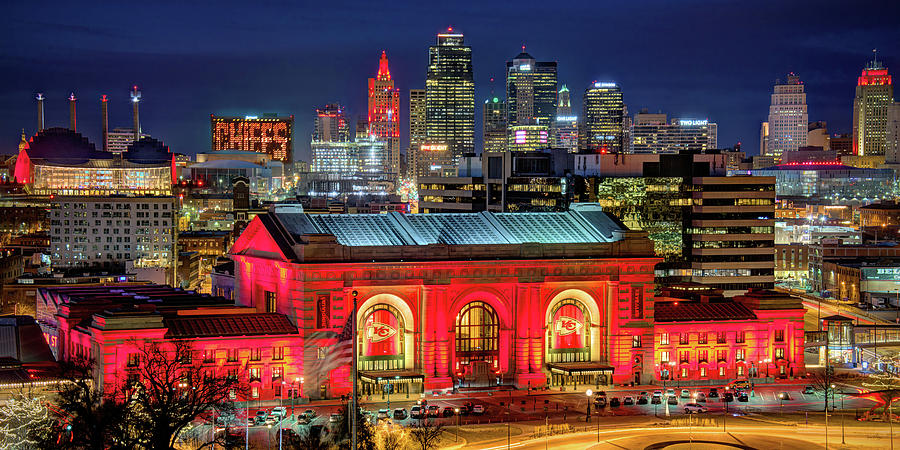 Kansas City Skyline NIGHT KC Chiefs Union Station Red Panoramic Photograph by Jon Holiday