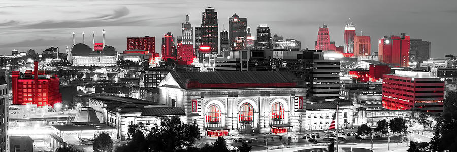 Kansas City Skyline Panorama Red Splash - Selective Color Photograph by Gregory Ballos