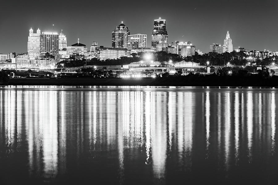 Kansas City Skyline Serenity From Kaw Point Park - Black And White Edition Photograph by Gregory Ballos