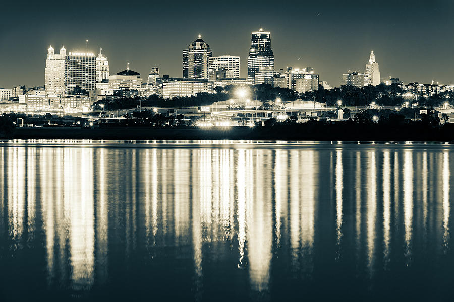 Kansas City Skyline Serenity From Kaw Point Park - Mixed Sepia Edition Photograph by Gregory Ballos