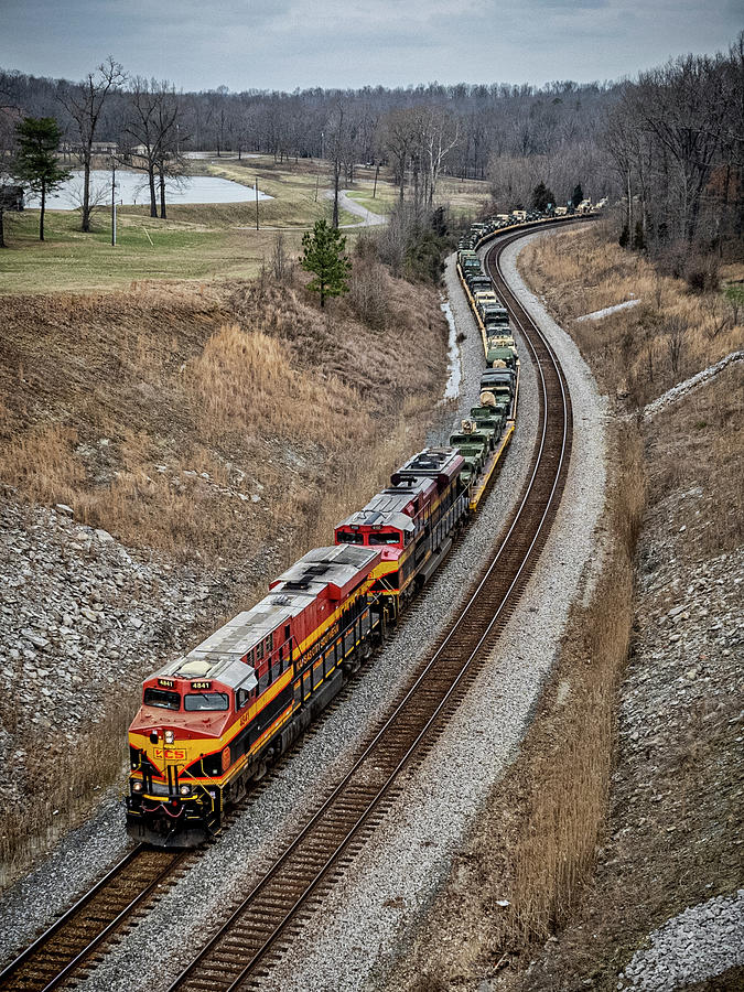Train Photograph - Kansas City Southern 4841 and 4150 lead CSX S864 at Nortonville KY by Jim Pearson