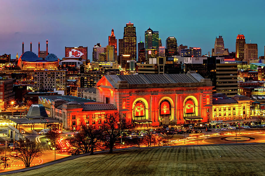 Kansas City Victory Skyline in Bold Red and Gold Photograph by Gregory Ballos