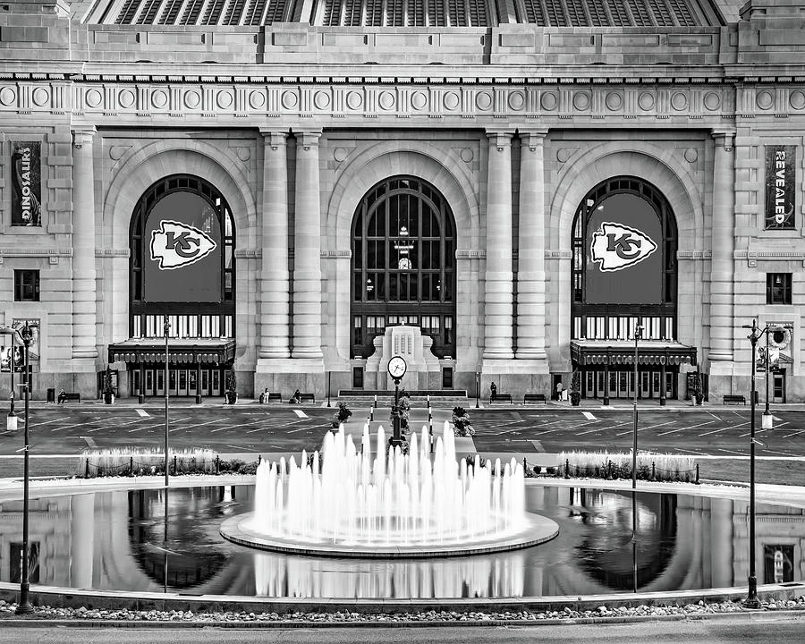 Kansas City Union Station and Chiefs Football Banners - Black and White Photograph by Gregory Ballos