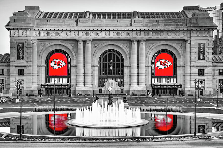 Kansas City Union Station and Chiefs Football Banners - Selective Coloring Photograph by Gregory Ballos