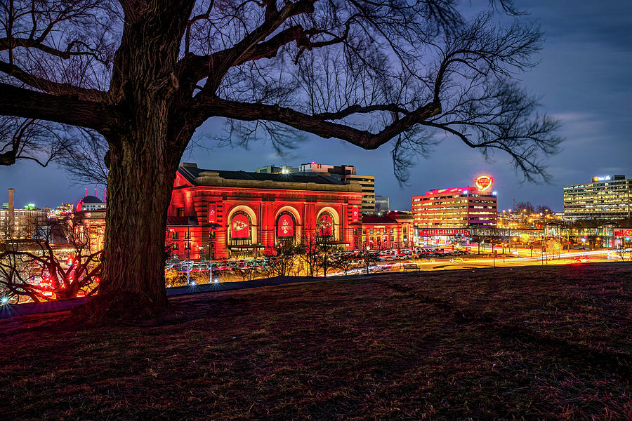 Patrick Mahomes Photograph - Kansas City Union Station With Red Championship Banners at Dusk by Gregory Ballos