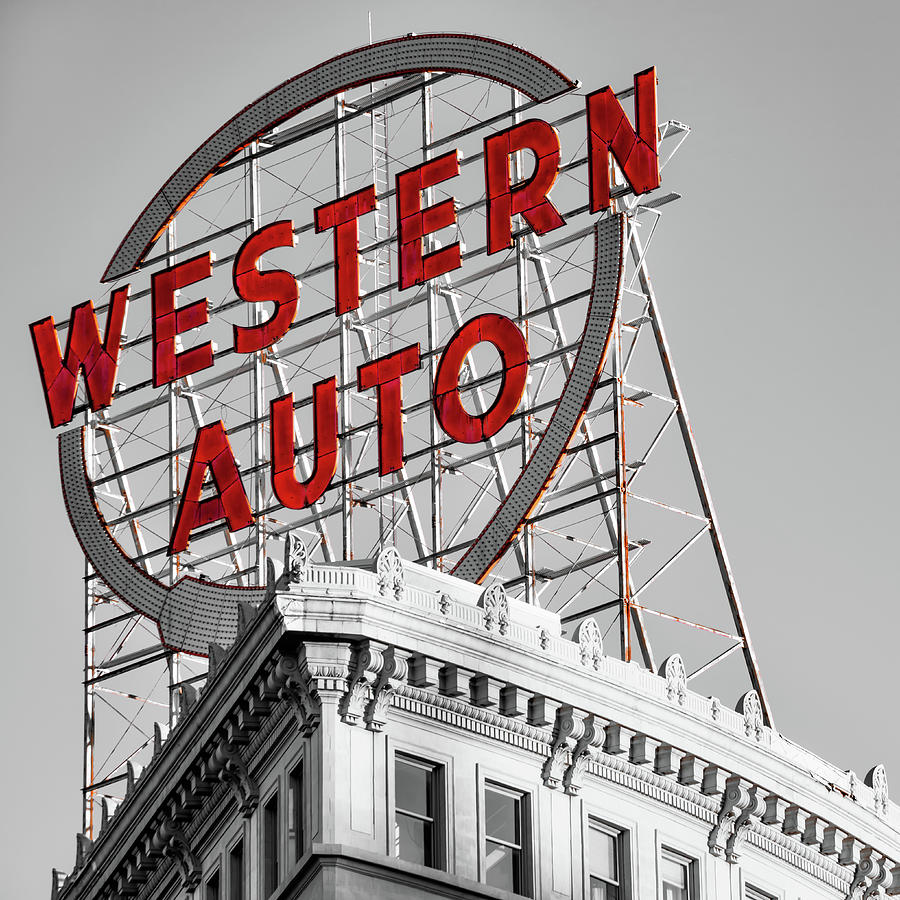 Kansas City Western Auto Neon - Selective Color Edition 1x1 Photograph by Gregory Ballos