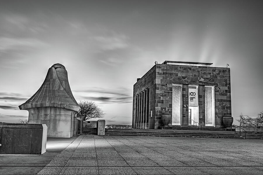 Kansas Citys Contrasting Silhouettes Atop Liberty Memorial - Black And White Photograph