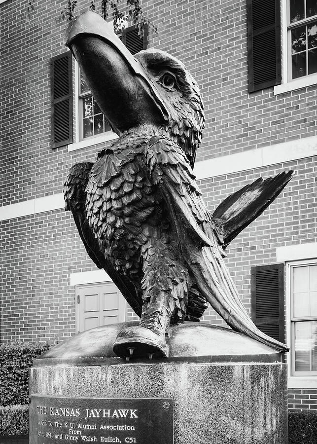 Kansas Jayhawk Statue In Black and White - University Sculpture Photograph by Gregory Ballos