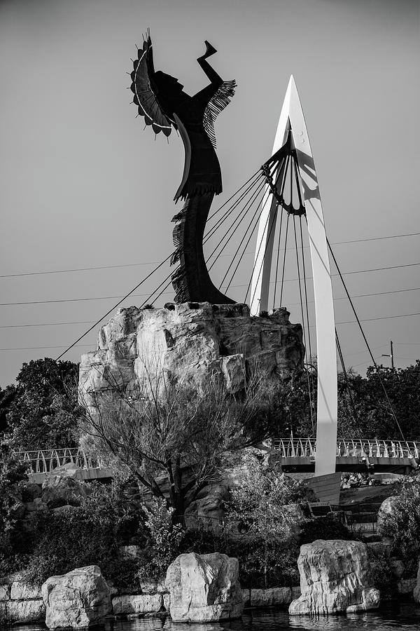 Kansas Keeper of The Plains Memorial in Wichita - Black and White Photograph by Gregory Ballos