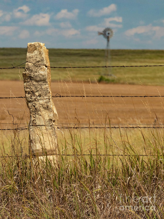 Kansas rock fence posts and wind mill Photograph by Garry McMichael