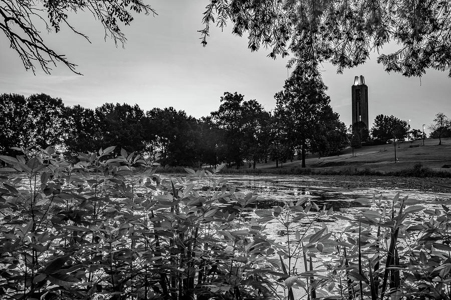 Kansas University Campanile Over Potters Lake In Black and White Photograph by Gregory Ballos