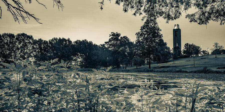 Kansas University Campanile Over Potters Lake Panorama In Sepia Photograph by Gregory Ballos