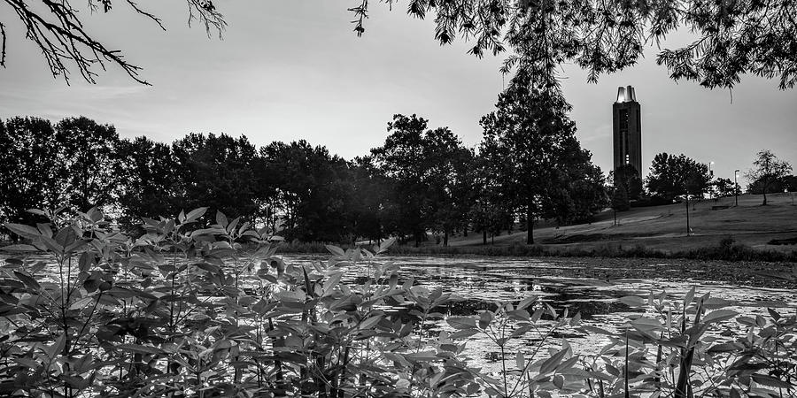 Kansas University Campanile Panorama Over Potters Lake In Black and White Photograph by Gregory Ballos