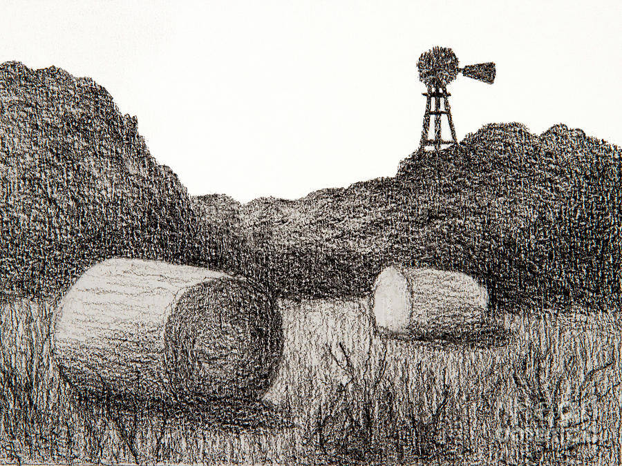 Kansas windmill and hay Drawing by Garry McMichael