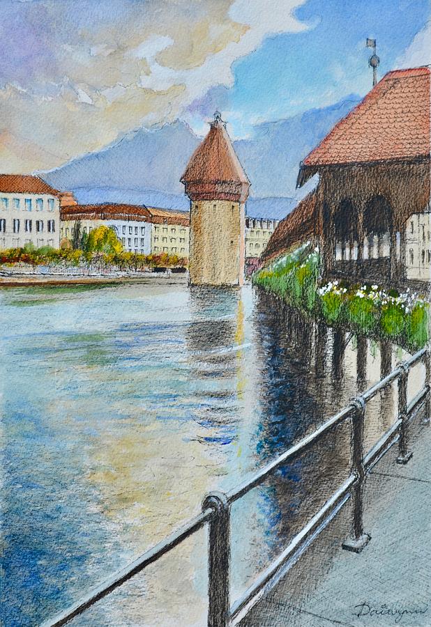 Chapel Bridge in Lucerne Switzerland Aquarelle Painting by Dai Wynn