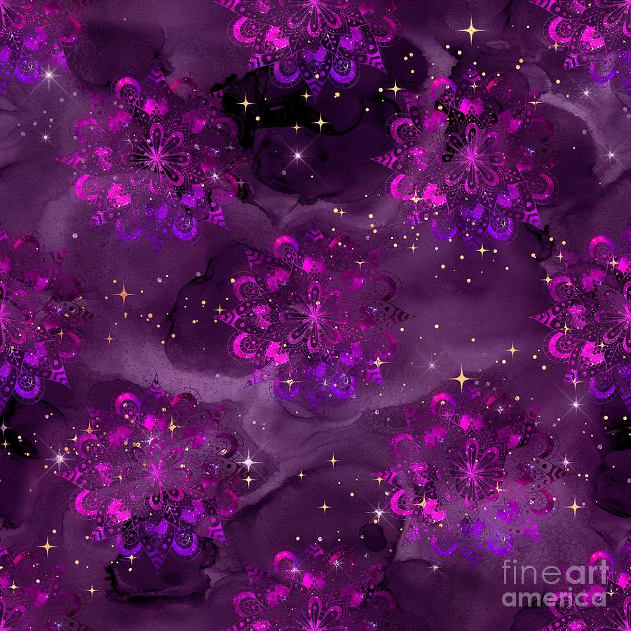 Karata - Purple Watercolor Mandala Galaxy Dharma Pattern Digital Art by Sambel Pedes