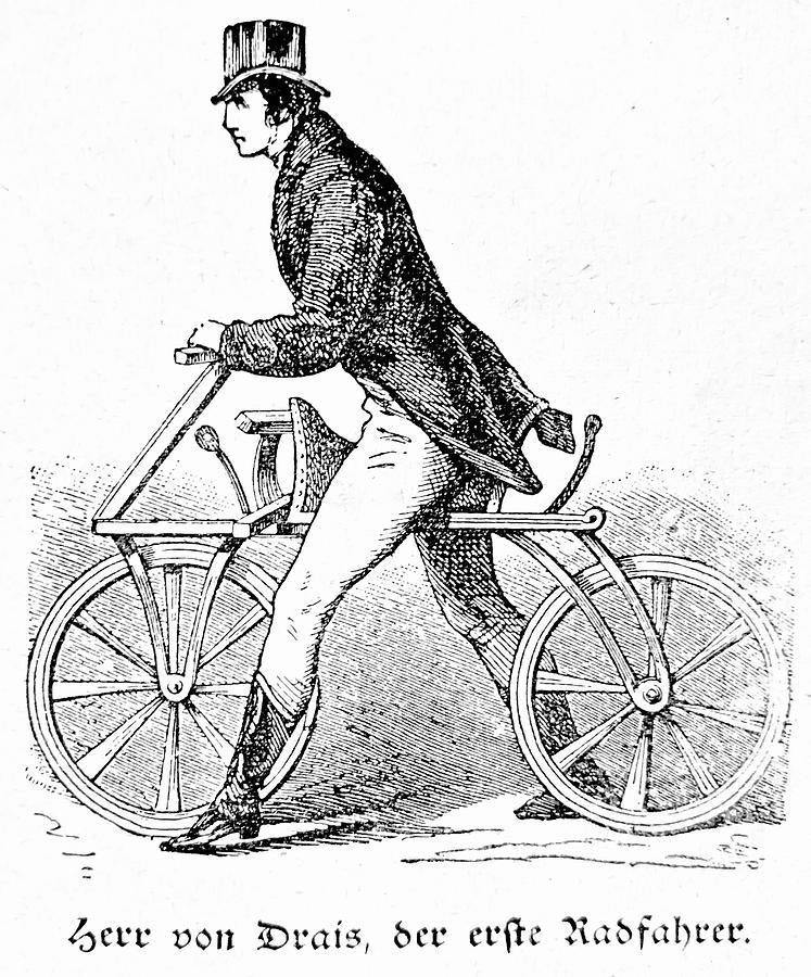 Karl von Drais, the first cyclist with his Draisinne or dandy horse Drawing by Clu