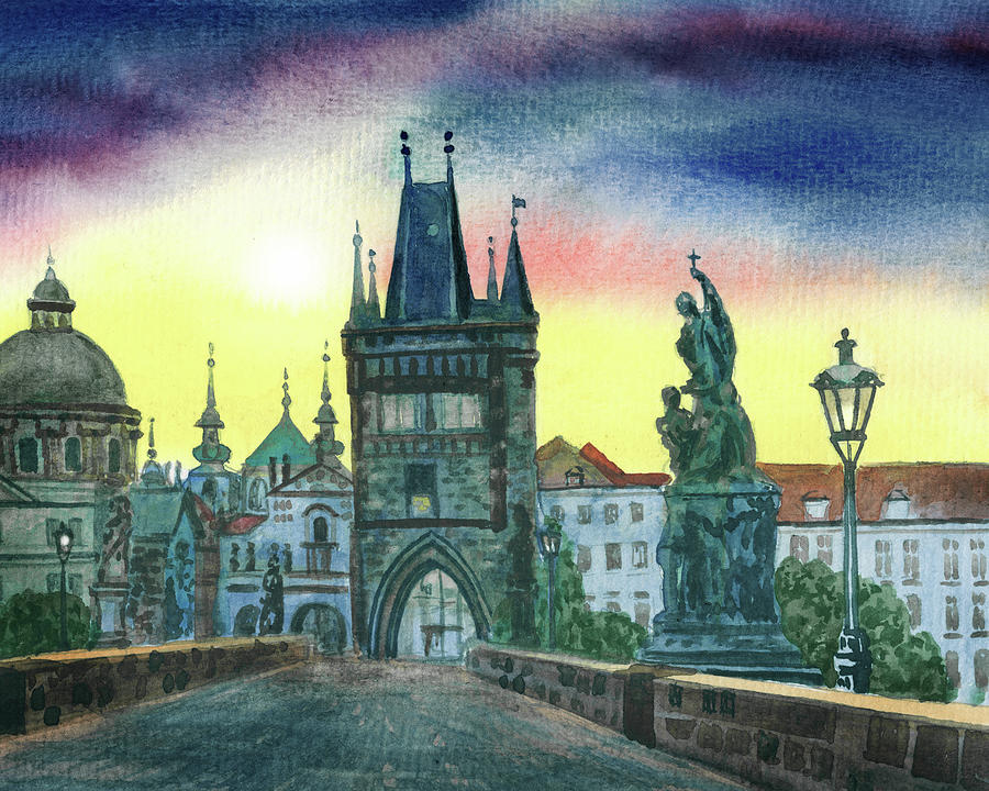 Karluv Bridge At Sunset Prague Czech Republic Watercolor Painting by Irina Sztukowski