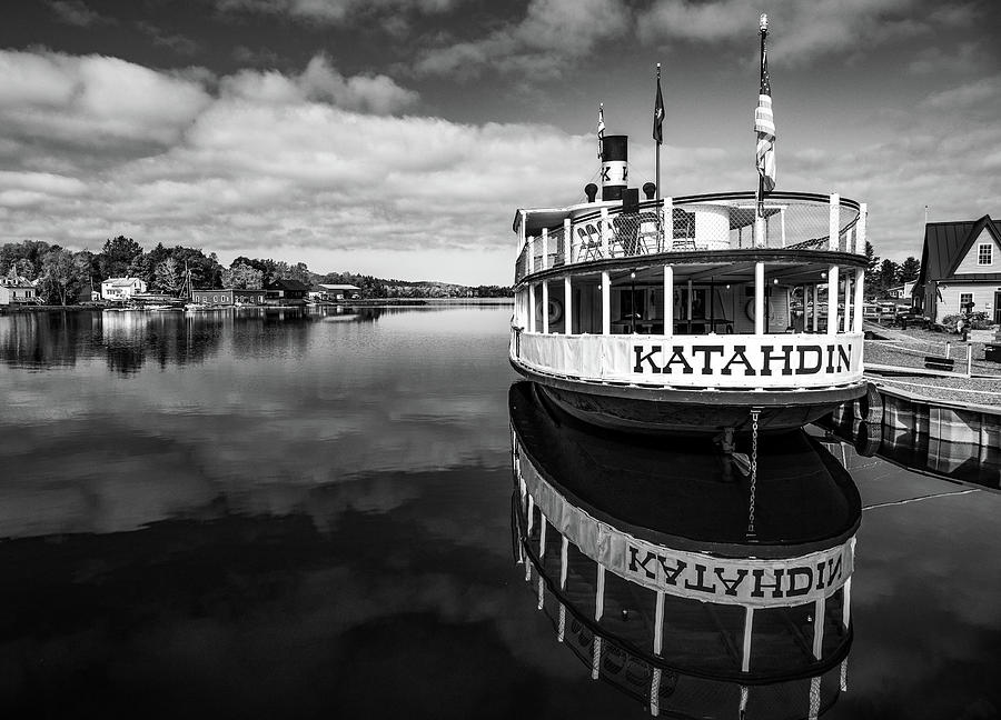 Moosehead Lake Photograph - Katahdin Boat Reflection Black And White by Dan Sproul