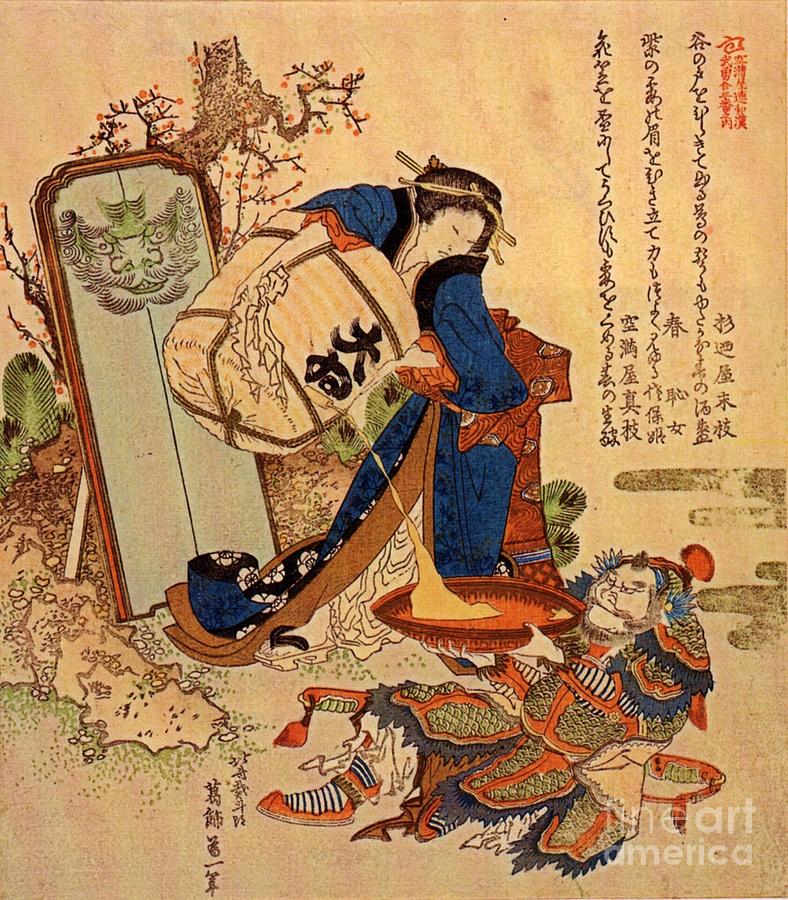 Katsushika Hokusai Mixed Media - Katsushika Hokusai The Strong Oi Pouring Sake by Katsushika Hokusai