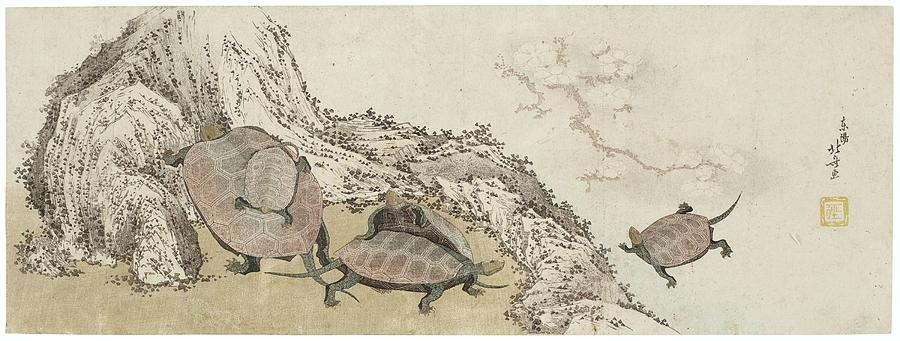 KATSUSHIKA HOKUSAI Turtles and reflected plum branch Painting by Artistic Rifki