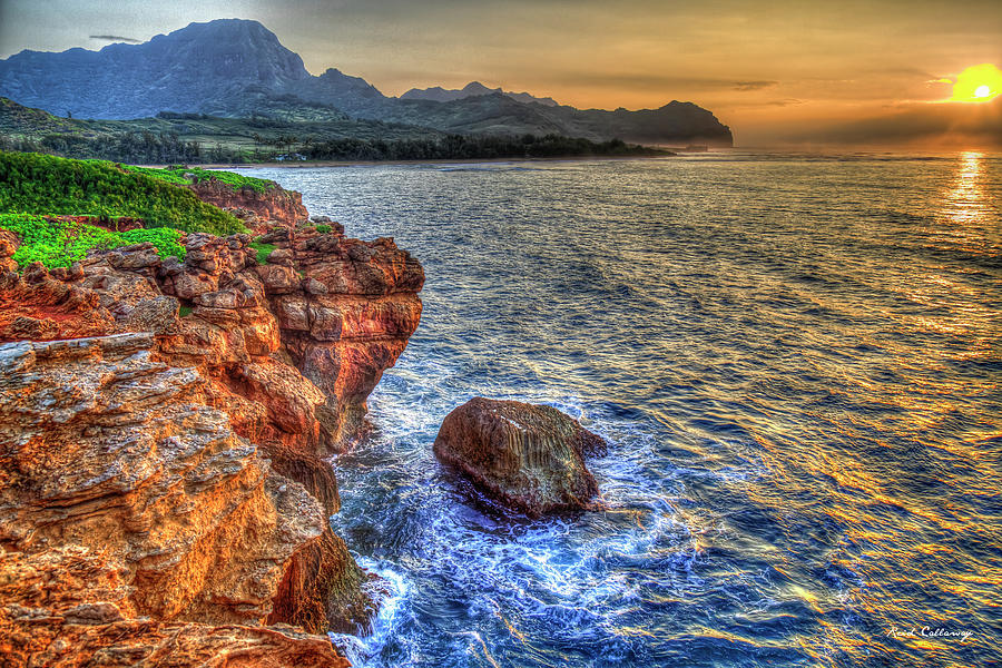 Kauai HI The Rocky Coastline Sunrise Hawaiian Landscape Seascape Art Photograph by Reid Callaway