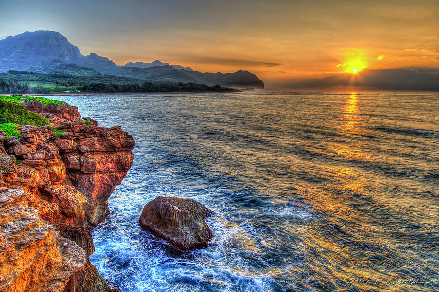 Kauai HI Rocky Coast Sunrise Hawaiian Seascape Landscape Art Photograph by Reid Callaway