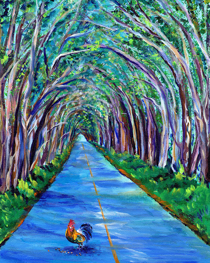 Eucalyptus Tree Painting - Kauai Tree Tunnel with Rooster by Marionette Taboniar