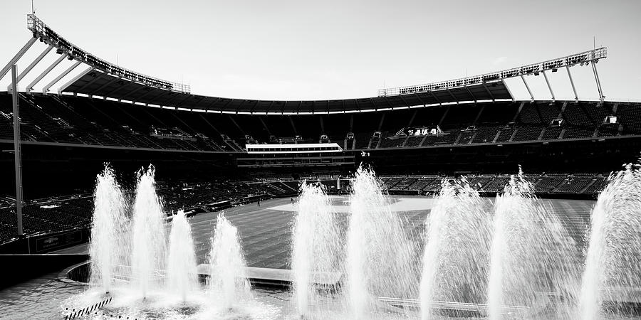 Kauffman Stadium Fountains Panorama - Black And White Photograph by Gregory Ballos