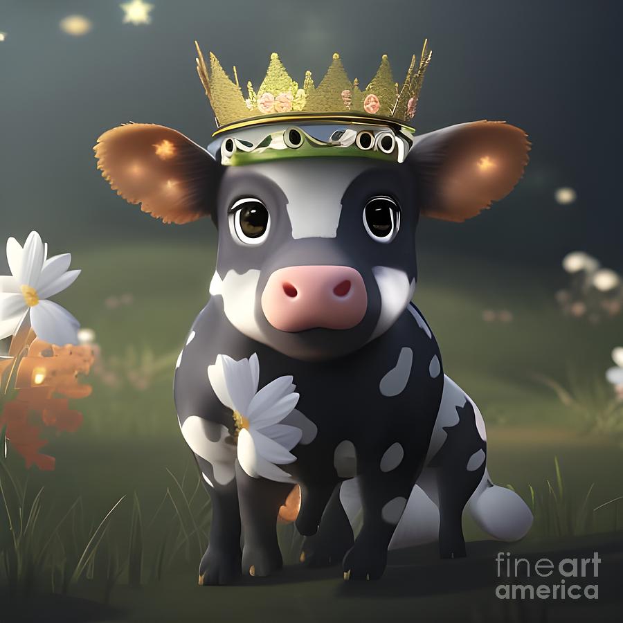 Kawaii Baby Cow with Crown - Adorable Illustration with Big Eyes - Get ...