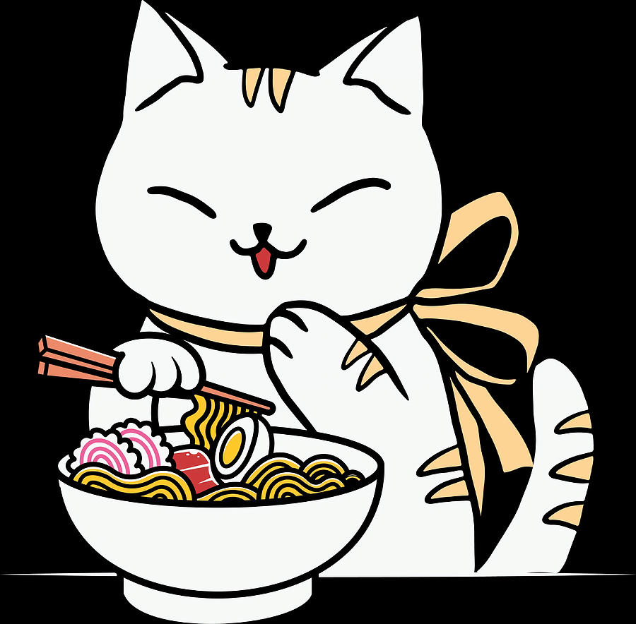 Kawaii Cat Eating Japanese Noodle Soup Poster Painting By Damien Adams 