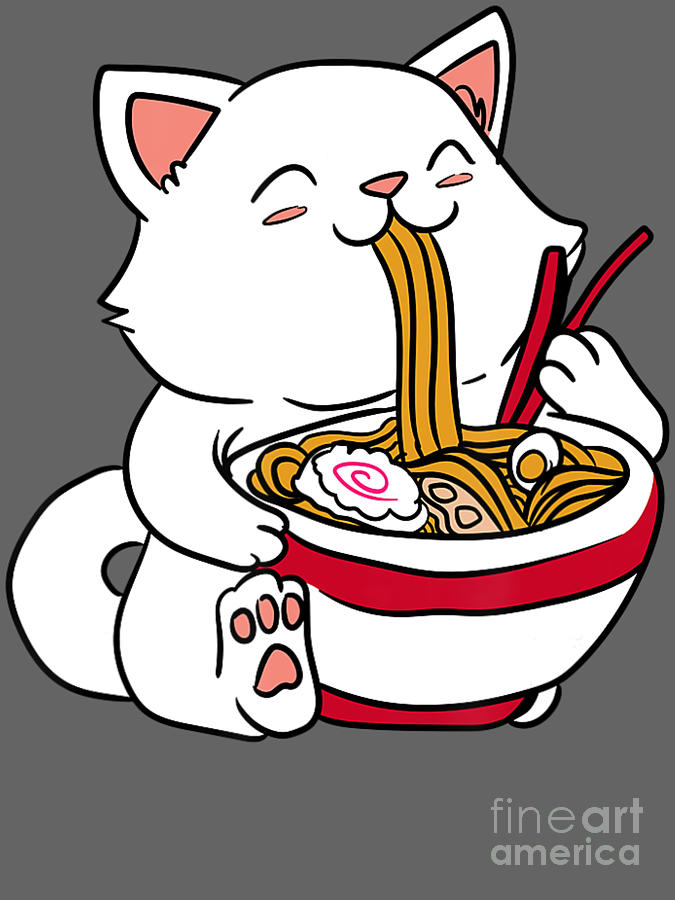 Kawaii Cat Eating Ramen Noodles Japanese Food Anime Digital Art by L E ...