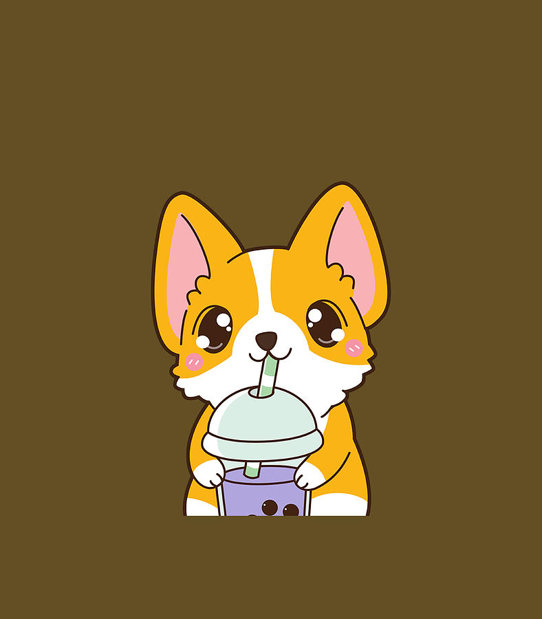 Kawaii Cute Boba Corgi Dog Taro Bubble Pearl Milk Tea Digital Art by ...