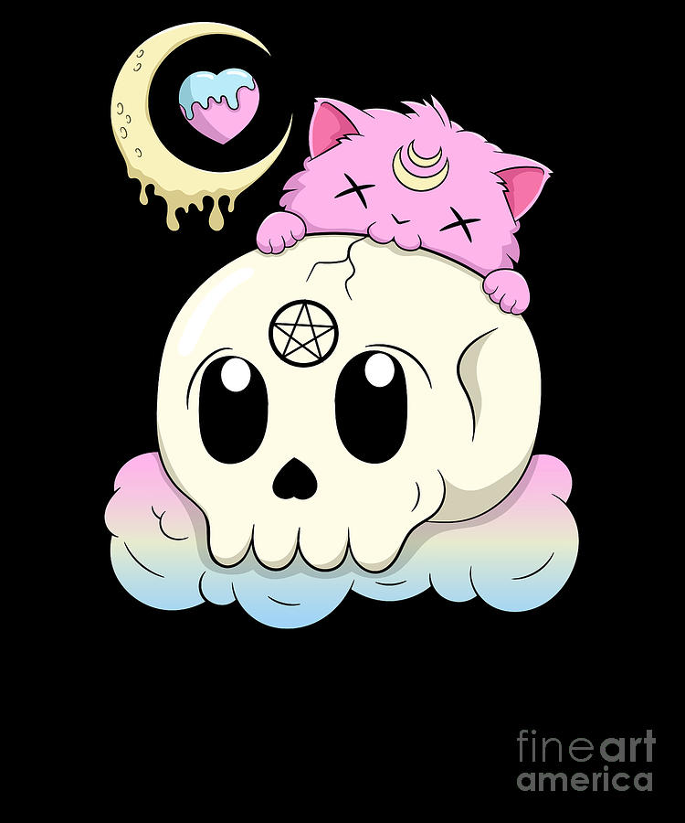 Kawaii Pastel Goth Cute Creepy Demon Cat and Skull Anime Art Digital ...