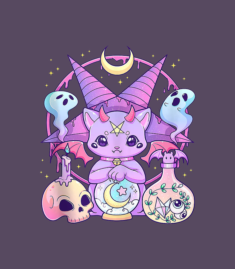 Kawaii Pastel Goth Cute Creepy Pentagram Cat Digital Art by Sorenv ...