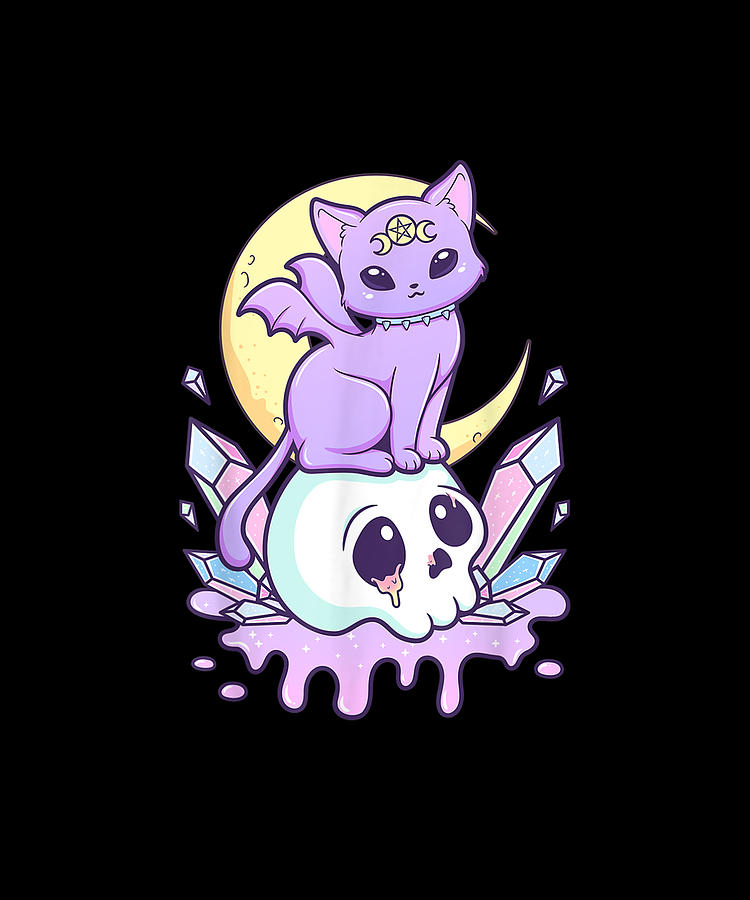 Kawaii Pastel Goth Cute Creepy Witchy Cat And Skull Drawing by Ngo Ngoc ...