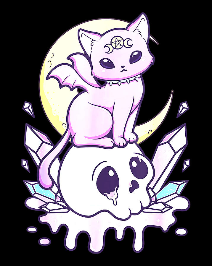 Kawaii Pastel Goth Cute Creepy Witchy Cat and Skull.png Digital Art by