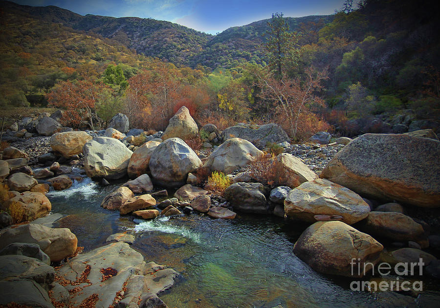 Kaweah River with Boulders and Fall Colors Photograph by Stephanie Laird