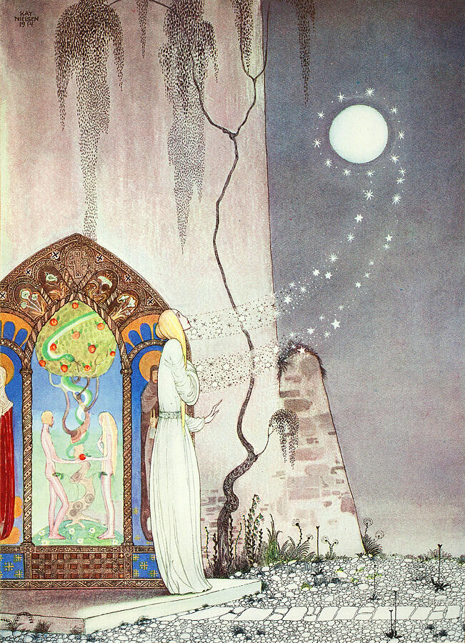 Kay Nielsen illustrations - The Lassie and her Godmother, escape of the Moon Drawing by Kay Nielsen