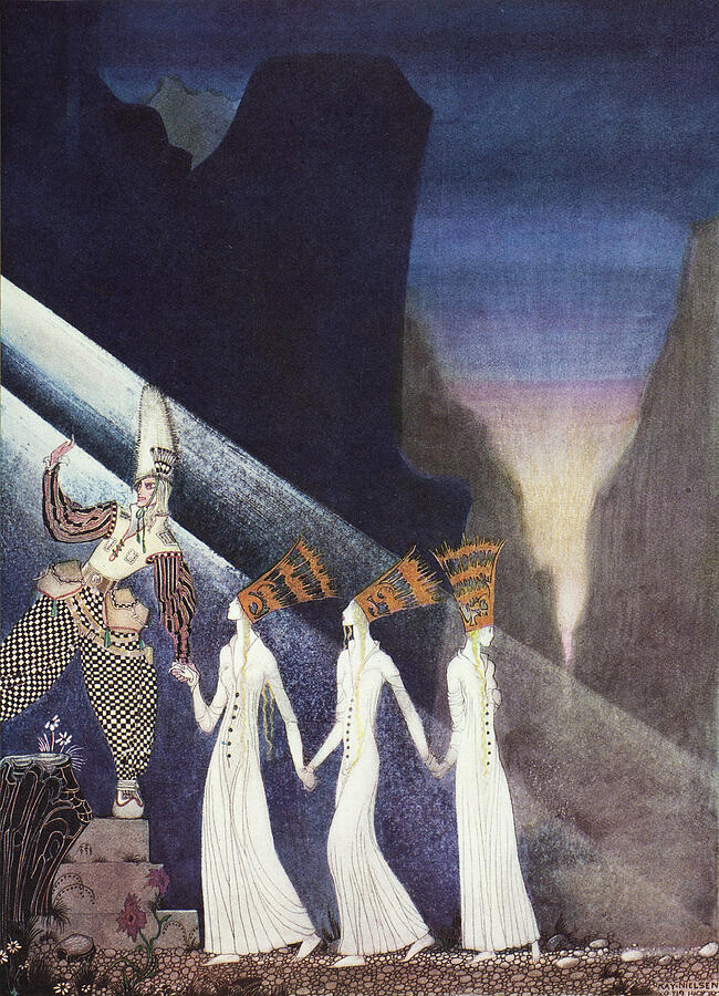 Kay Nielsen illustrations - The Three Princesses in the Blue Mountain,  Escape from the troll Drawing by Kay Nielsen