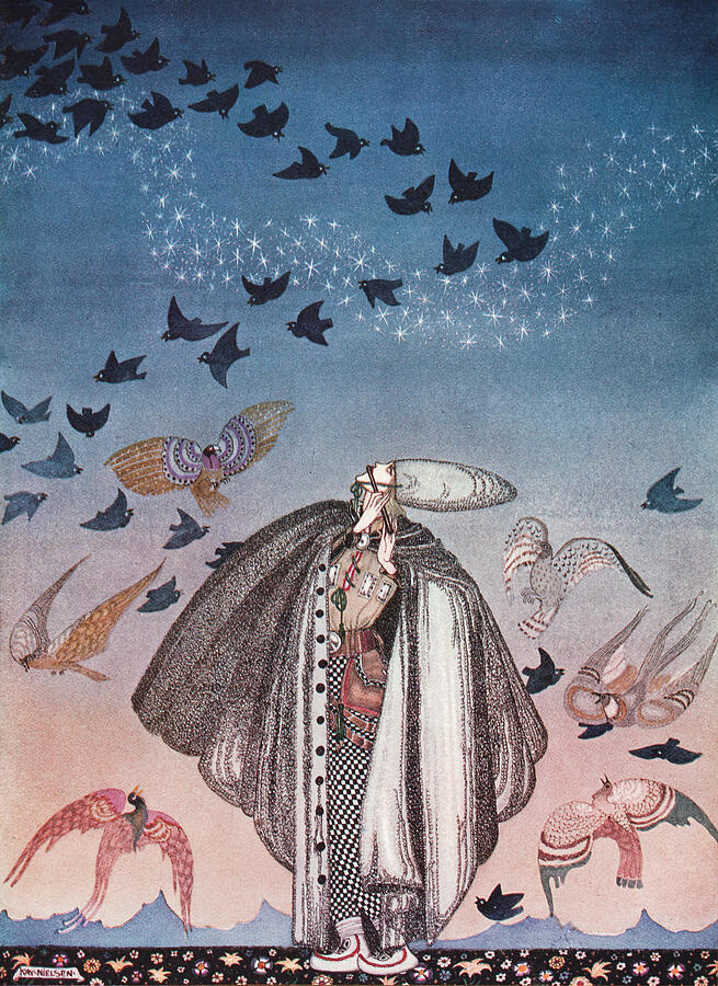Kay Nielsen illustrations - The Three Princesses in the Blue Mountain, The soldier summoning birds Drawing by Kay Nielsen