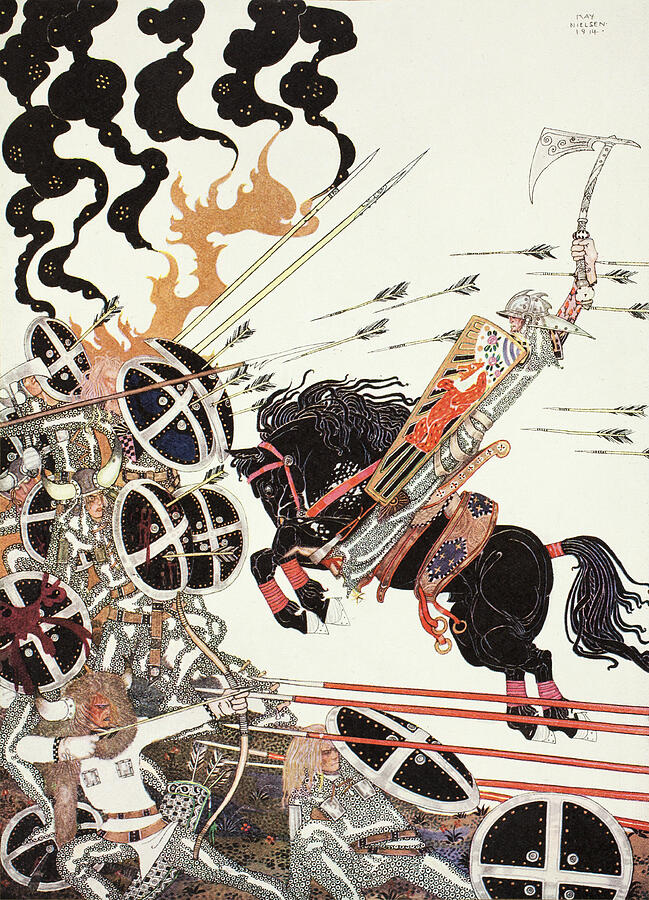 Kay Nielsen illustrations - The Widows Son, The lad in the battle Drawing by Kay Nielsen